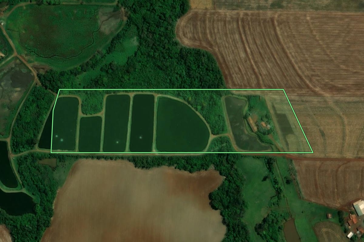 Imagem de satélite do imóvel rural em Toledo (PR), com o contorno declarado no CAR desenhado por cima.