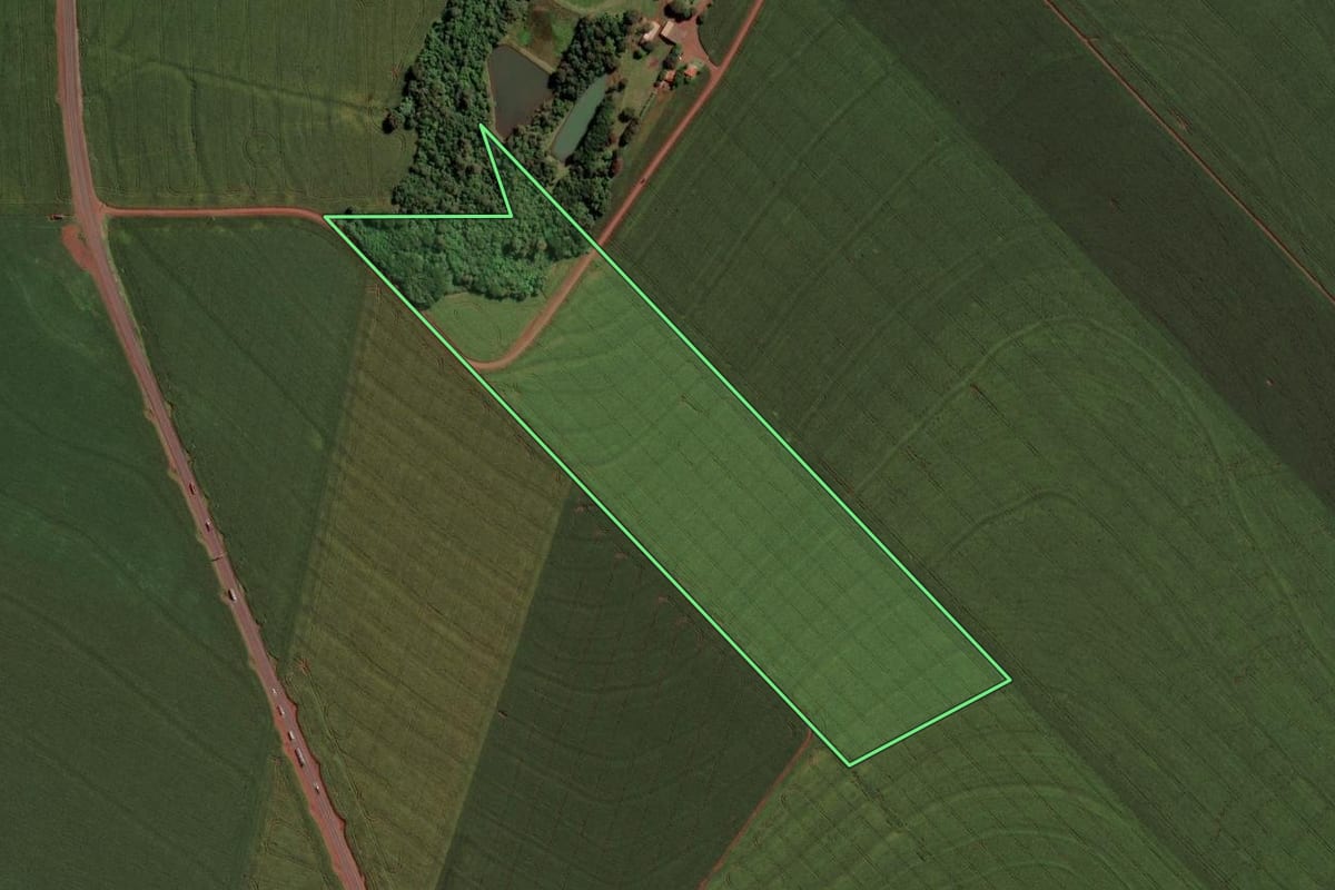Imagem de satélite do imóvel rural em Toledo (PR), com o contorno declarado no CAR desenhado por cima.