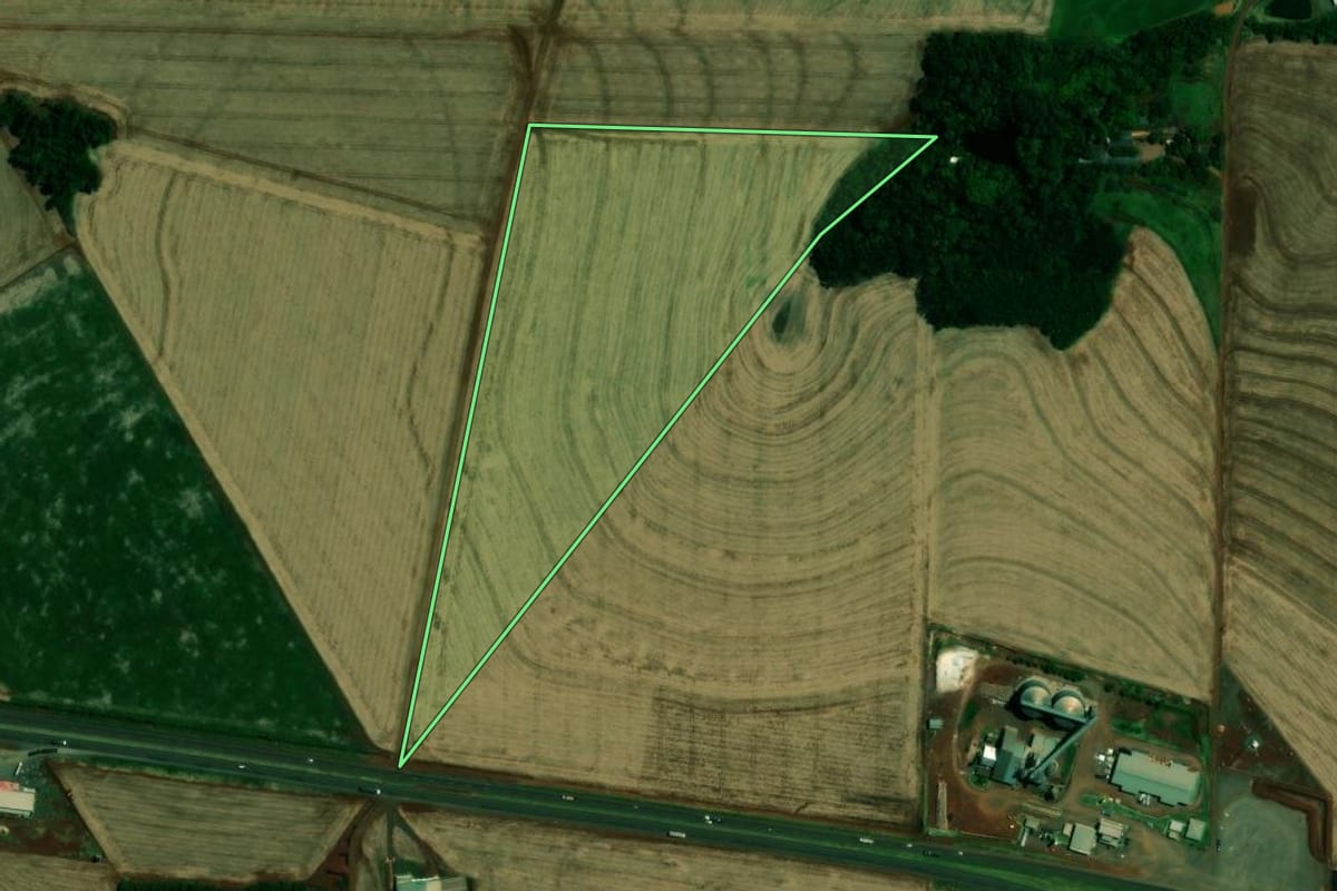 Imagem de satélite do imóvel rural em Toledo (PR), com o contorno declarado no CAR desenhado por cima.