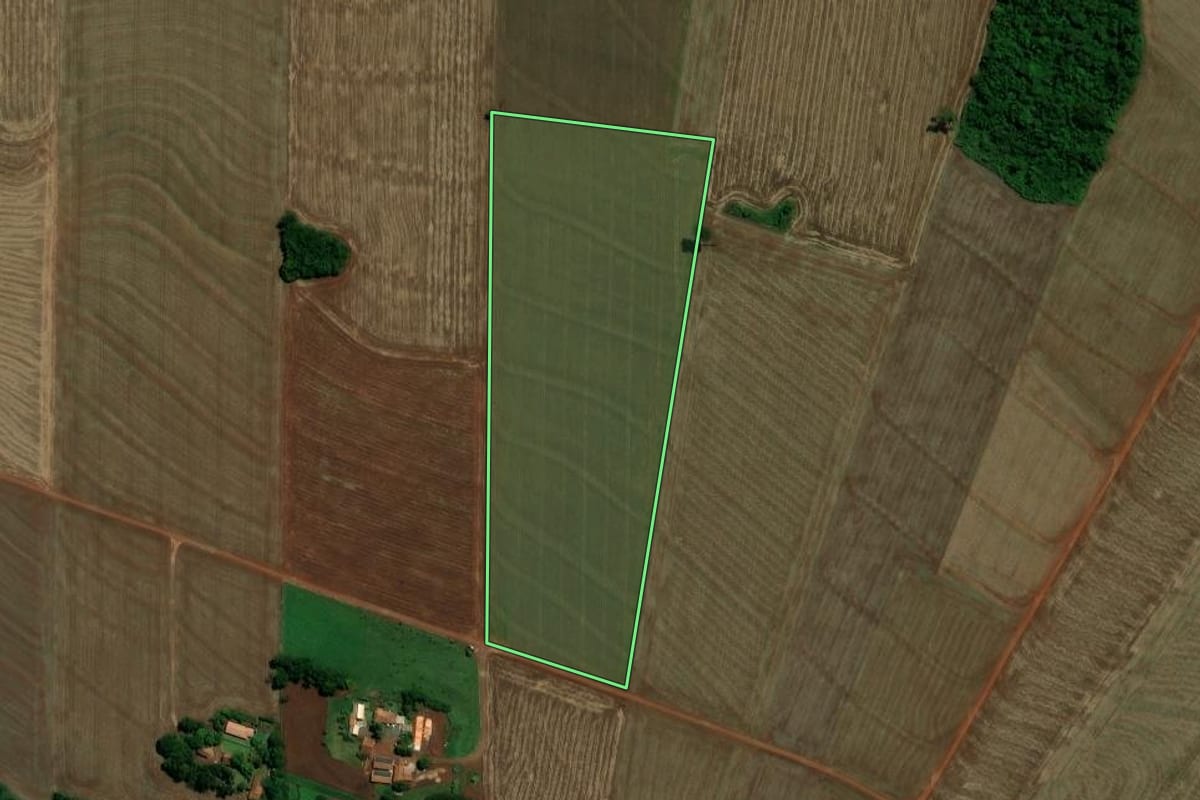 Imagem de satélite do imóvel rural em Toledo (PR), com o contorno declarado no CAR desenhado por cima.