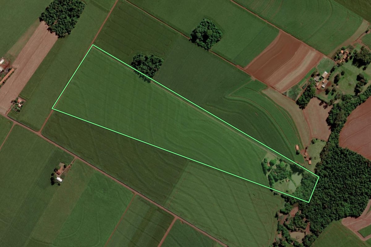 Imagem de satélite do imóvel rural em Toledo (PR), com o contorno declarado no CAR desenhado por cima.