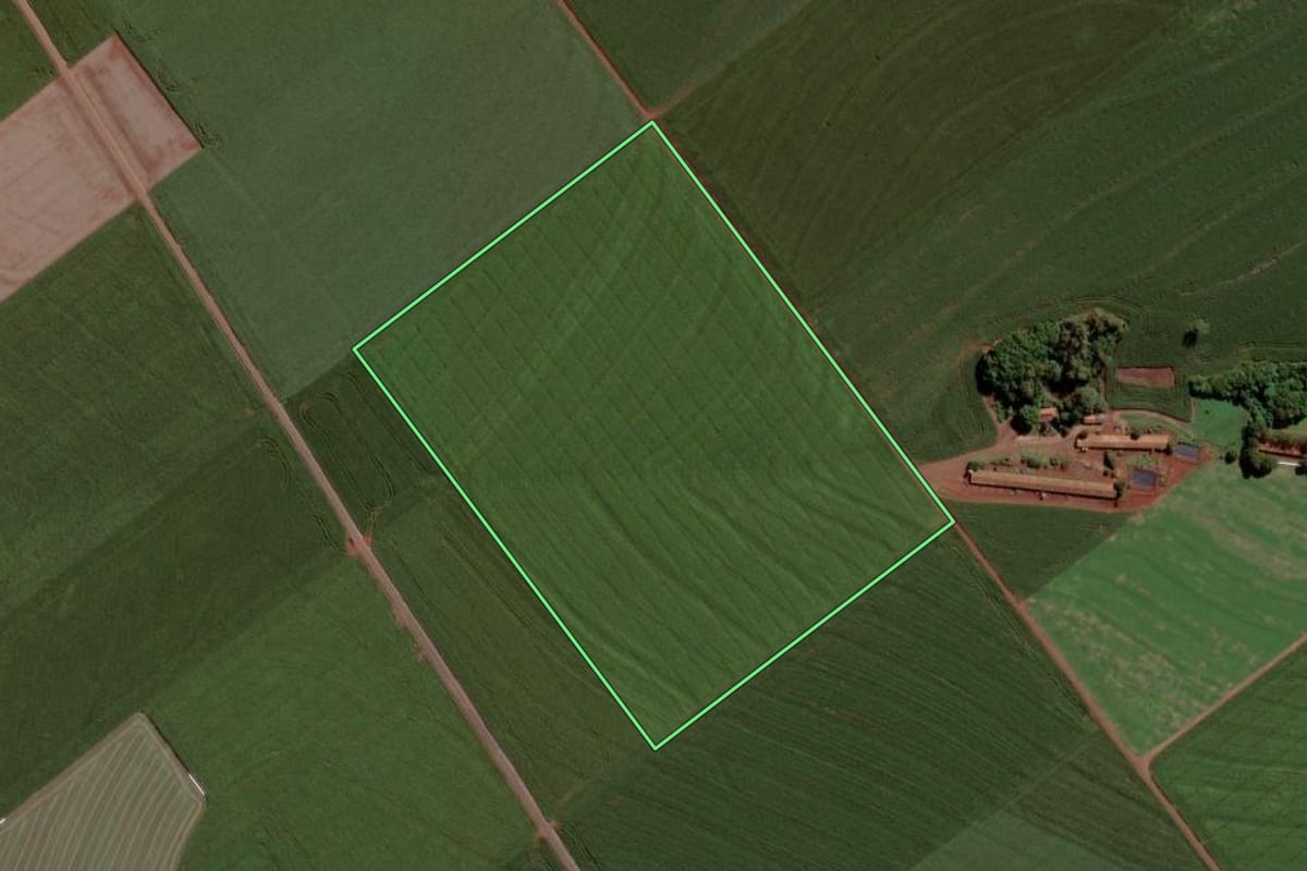 Imagem de satélite do imóvel rural em Toledo (PR), com o contorno declarado no CAR desenhado por cima.