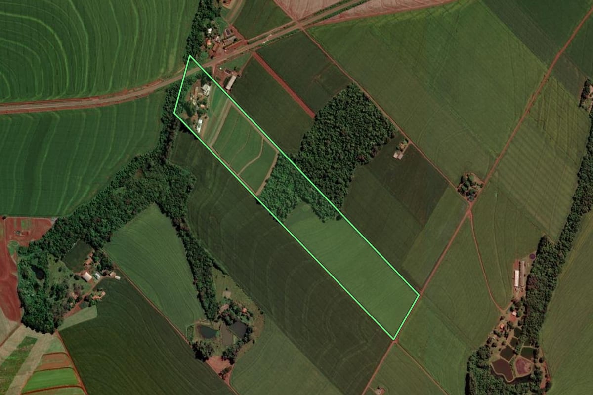 Imagem de satélite do imóvel rural em Toledo (PR), com o contorno declarado no CAR desenhado por cima.