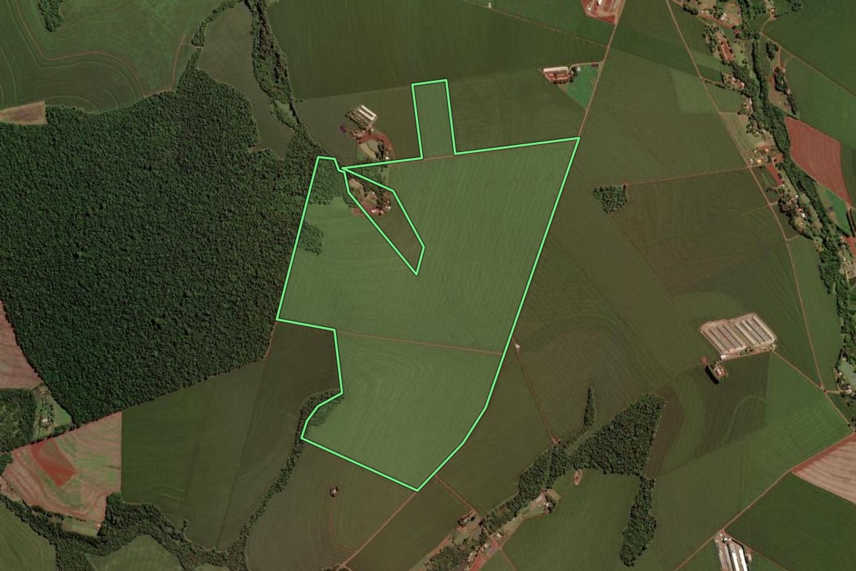 Imagem de satélite do imóvel rural em Toledo (PR), com o contorno declarado no CAR desenhado por cima.