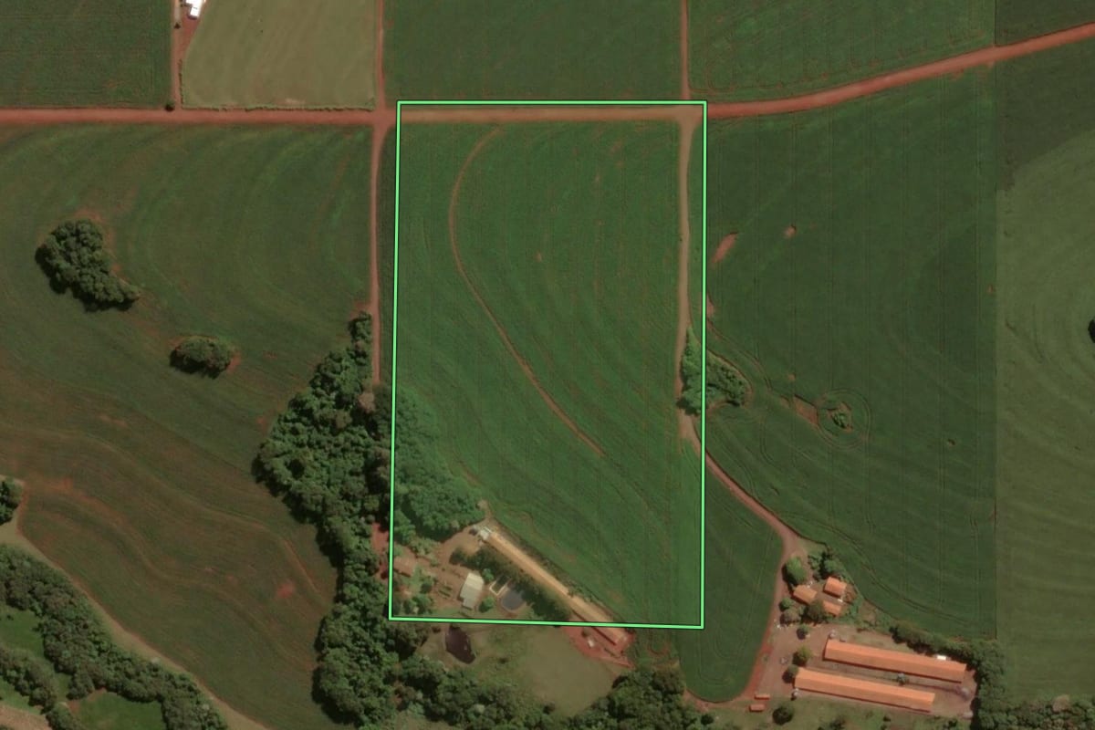 Imagem de satélite do imóvel rural em Toledo (PR), com o contorno declarado no CAR desenhado por cima.