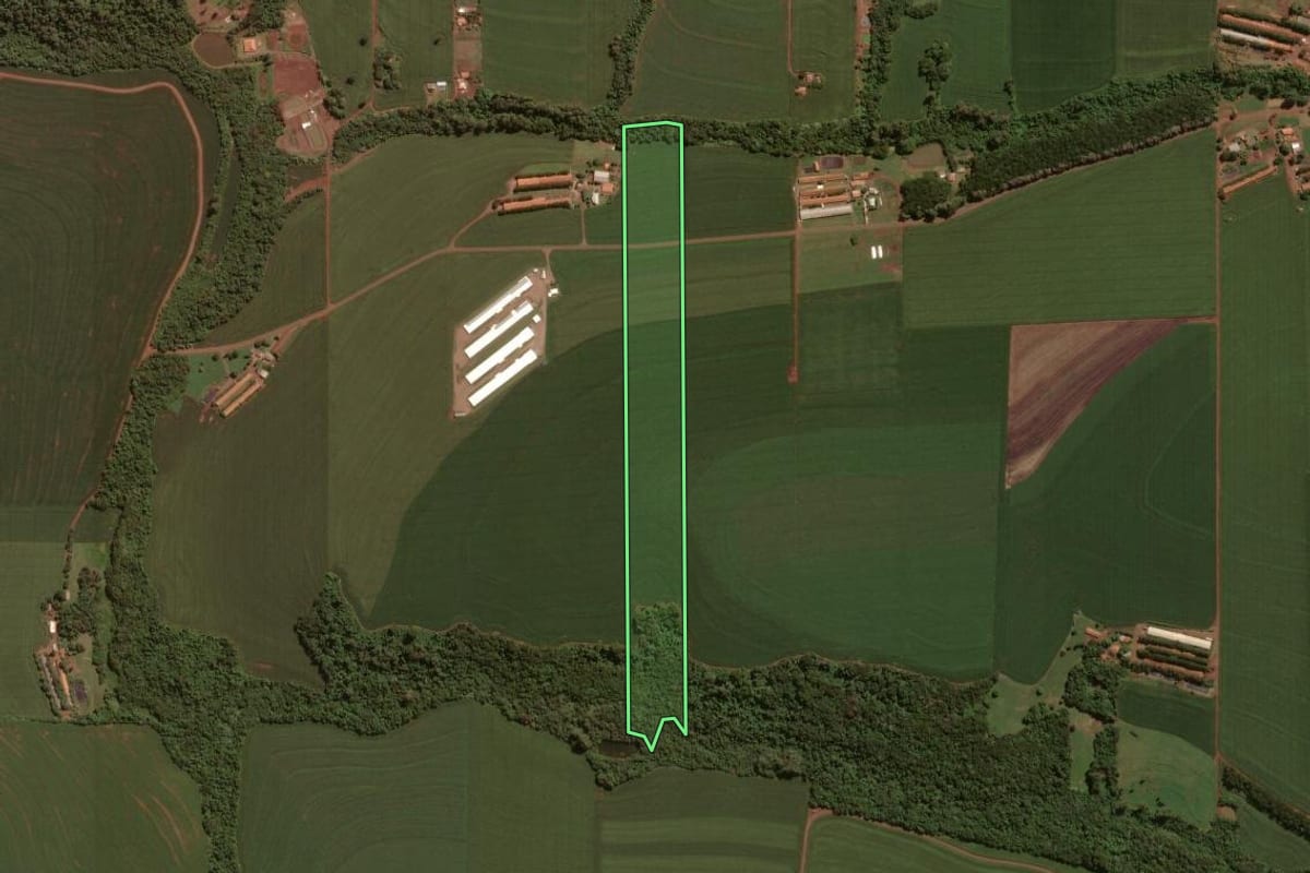 Imagem de satélite do imóvel rural em Toledo (PR), com o contorno declarado no CAR desenhado por cima.