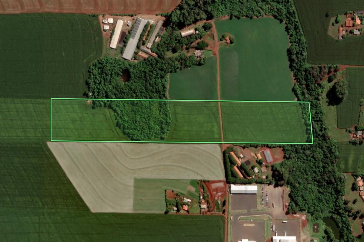 Imagem de satélite do imóvel rural em Toledo (PR), com o contorno declarado no CAR desenhado por cima.