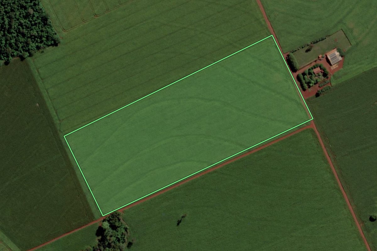 Imagem de satélite do imóvel rural em Toledo (PR), com o contorno declarado no CAR desenhado por cima.