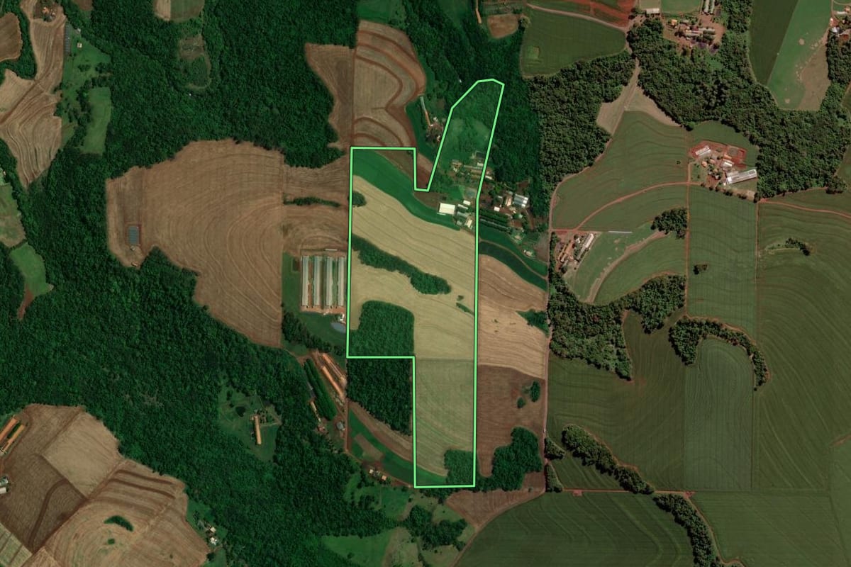 Imagem de satélite do imóvel rural em Toledo (PR), com o contorno declarado no CAR desenhado por cima.