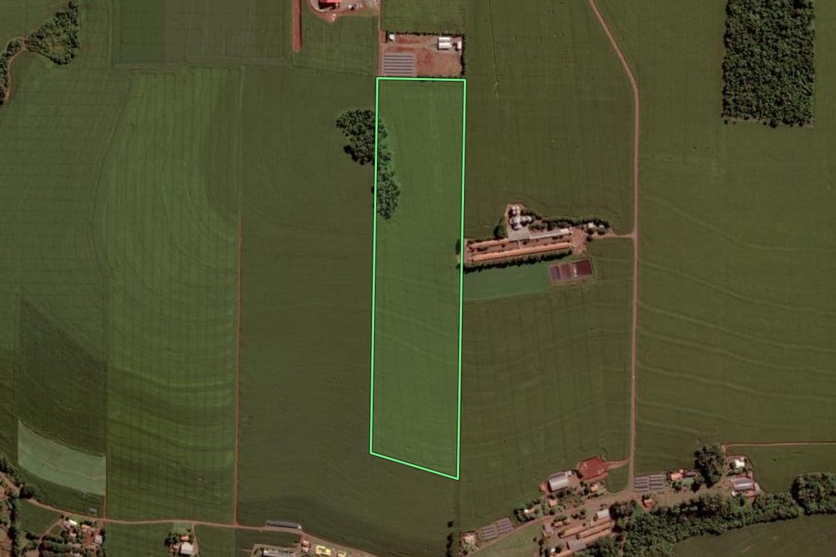 Imagem de satélite do imóvel rural em Toledo (PR), com o contorno declarado no CAR desenhado por cima.
