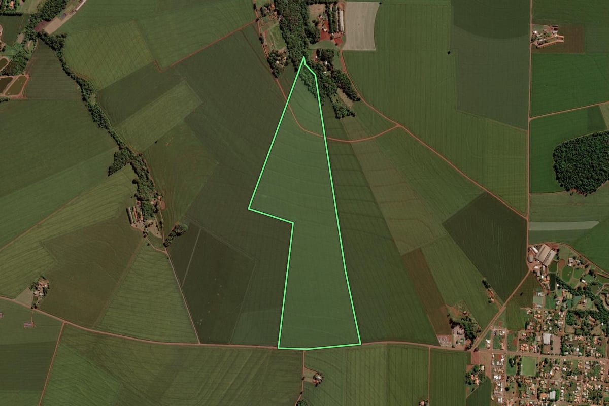 Imagem de satélite do imóvel rural em Toledo (PR), com o contorno declarado no CAR desenhado por cima.