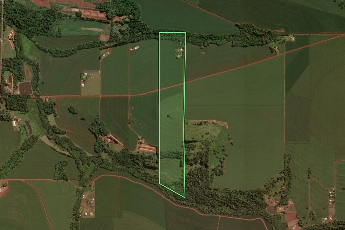 Imagem de satélite do imóvel rural em Toledo (PR), com o contorno declarado no CAR desenhado por cima.