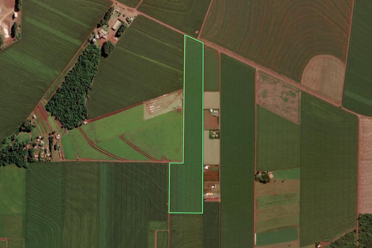 Imagem de satélite do imóvel rural em Toledo (PR), com o contorno declarado no CAR desenhado por cima.