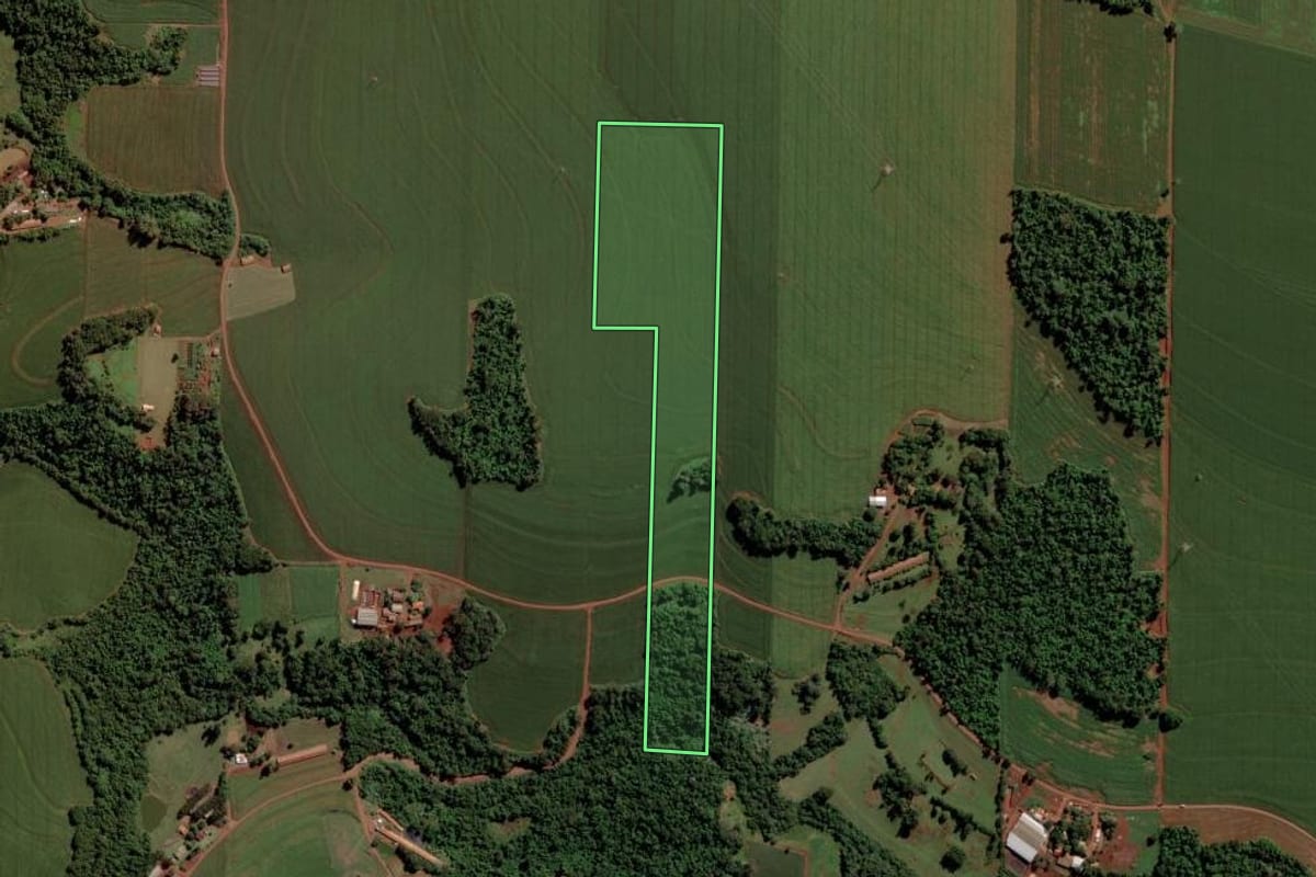 Imagem de satélite do imóvel rural em Toledo (PR), com o contorno declarado no CAR desenhado por cima.