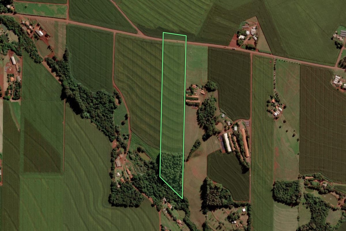 Imagem de satélite do imóvel rural em Toledo (PR), com o contorno declarado no CAR desenhado por cima.