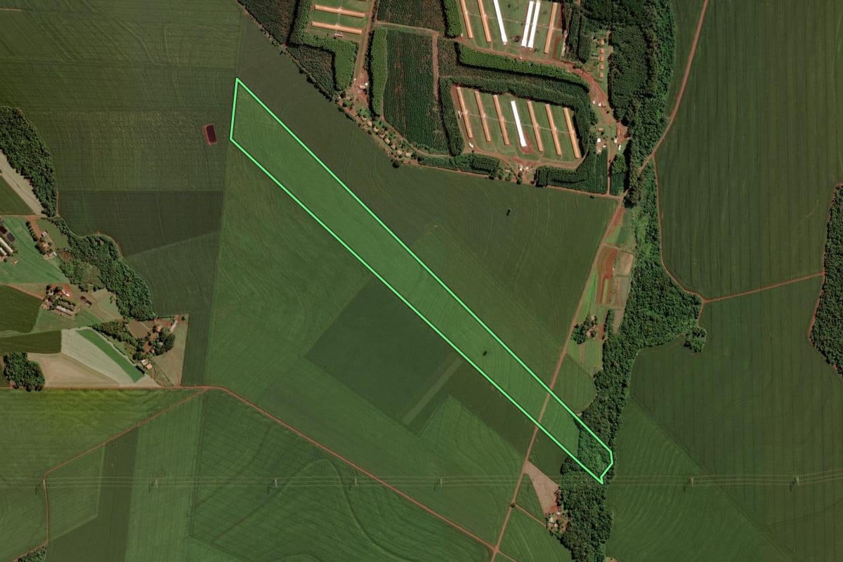 Imagem de satélite do imóvel rural em Toledo (PR), com o contorno declarado no CAR desenhado por cima.