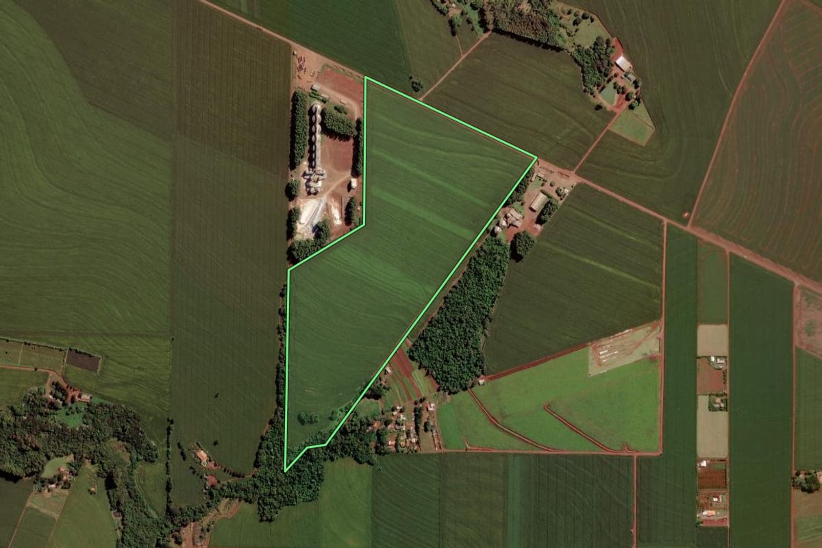 Imagem de satélite do imóvel rural em Toledo (PR), com o contorno declarado no CAR desenhado por cima.