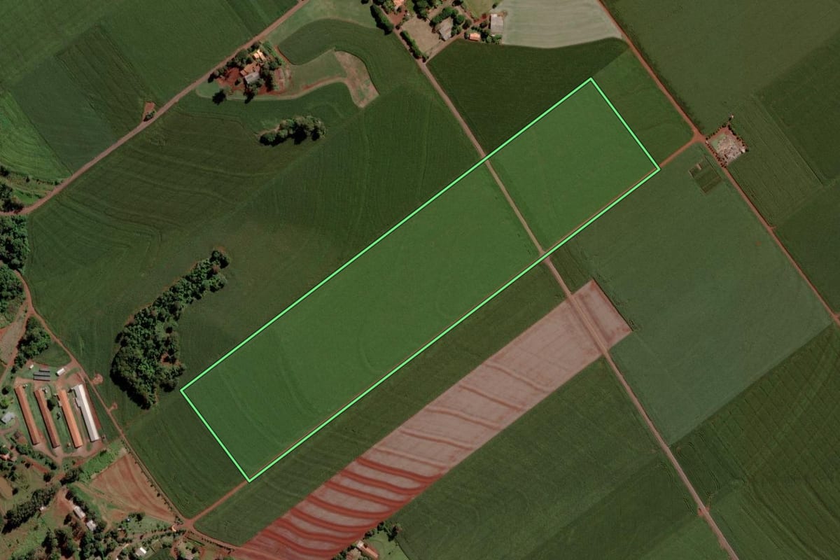 Imagem de satélite do imóvel rural em Toledo (PR), com o contorno declarado no CAR desenhado por cima.