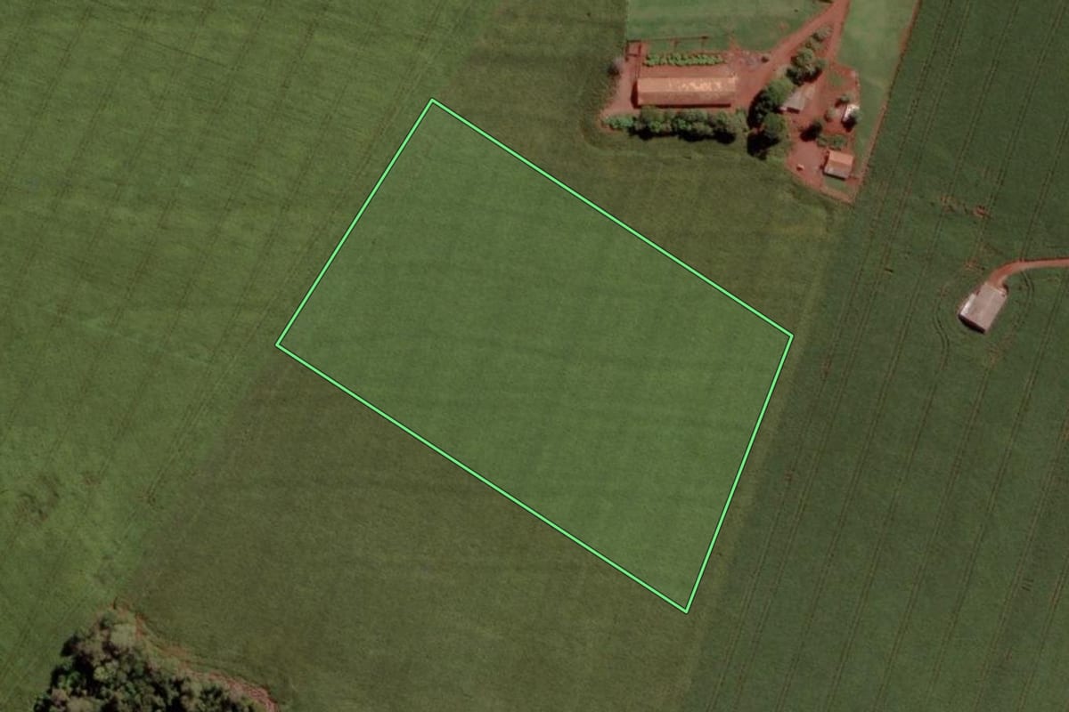 Imagem de satélite do imóvel rural em Toledo (PR), com o contorno declarado no CAR desenhado por cima.