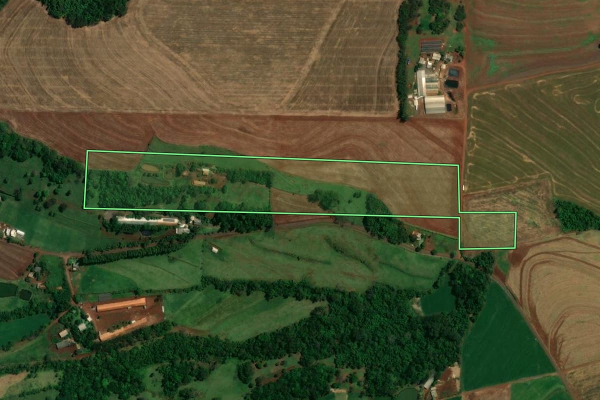 Imagem de satélite do imóvel rural em Toledo (PR), com o contorno declarado no CAR desenhado por cima.