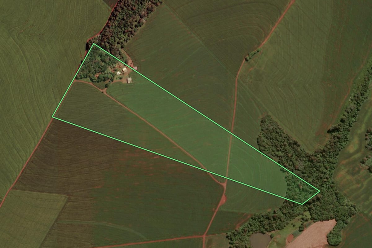 Imagem de satélite do imóvel rural em Toledo (PR), com o contorno declarado no CAR desenhado por cima.