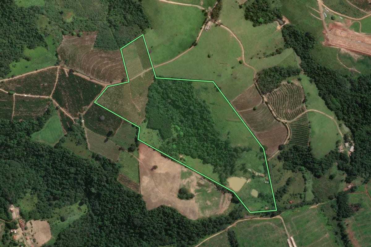 Imagem de satélite do imóvel rural em Tomazina (PR), com o contorno declarado no CAR desenhado por cima.