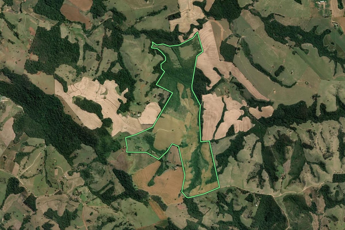 Imagem de satélite do imóvel rural em Tomazina (PR), com o contorno declarado no CAR desenhado por cima.