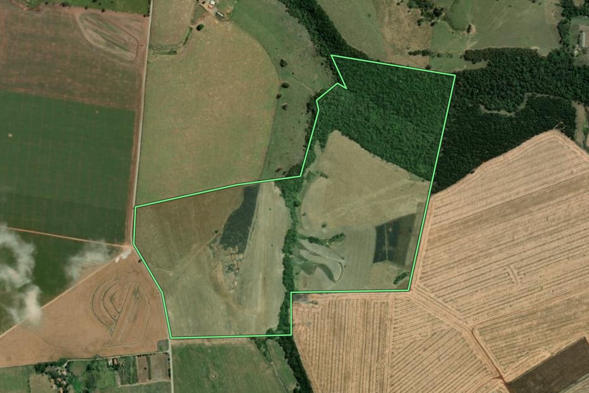 Imagem de satélite do imóvel rural em Tomazina (PR), com o contorno declarado no CAR desenhado por cima.