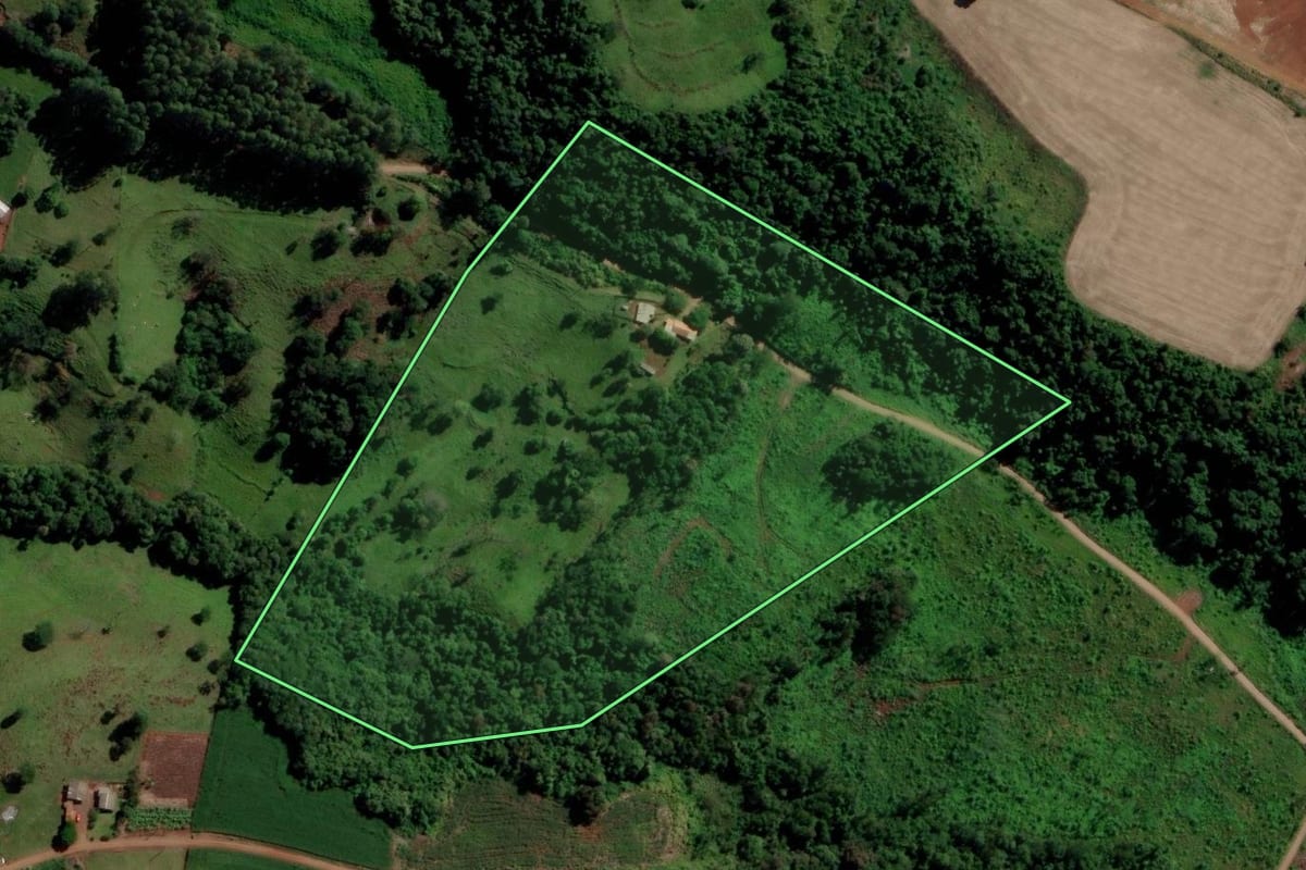 Imagem de satélite do imóvel rural em Três Barras do Paraná (PR), com o contorno declarado no CAR desenhado por cima.