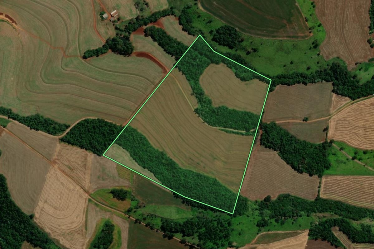 Imagem de satélite do imóvel rural em Três Barras do Paraná (PR), com o contorno declarado no CAR desenhado por cima.