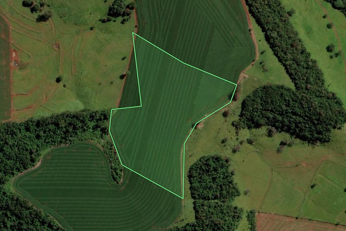 Imagem de satélite do imóvel rural em Três Barras do Paraná (PR), com o contorno declarado no CAR desenhado por cima.