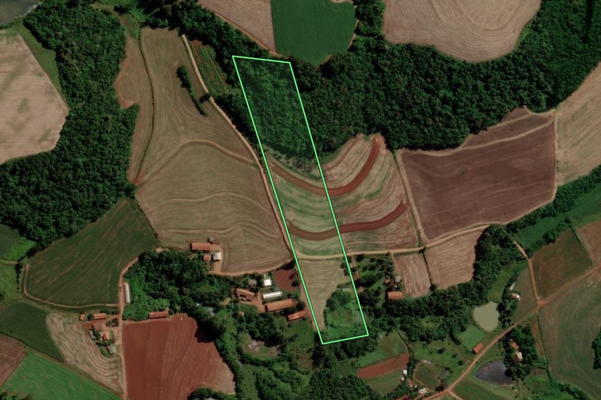 Imagem de satélite do imóvel rural em Três Barras do Paraná (PR), com o contorno declarado no CAR desenhado por cima.