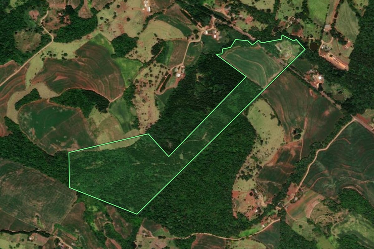 Imagem de satélite do imóvel rural em Três Barras do Paraná (PR), com o contorno declarado no CAR desenhado por cima.
