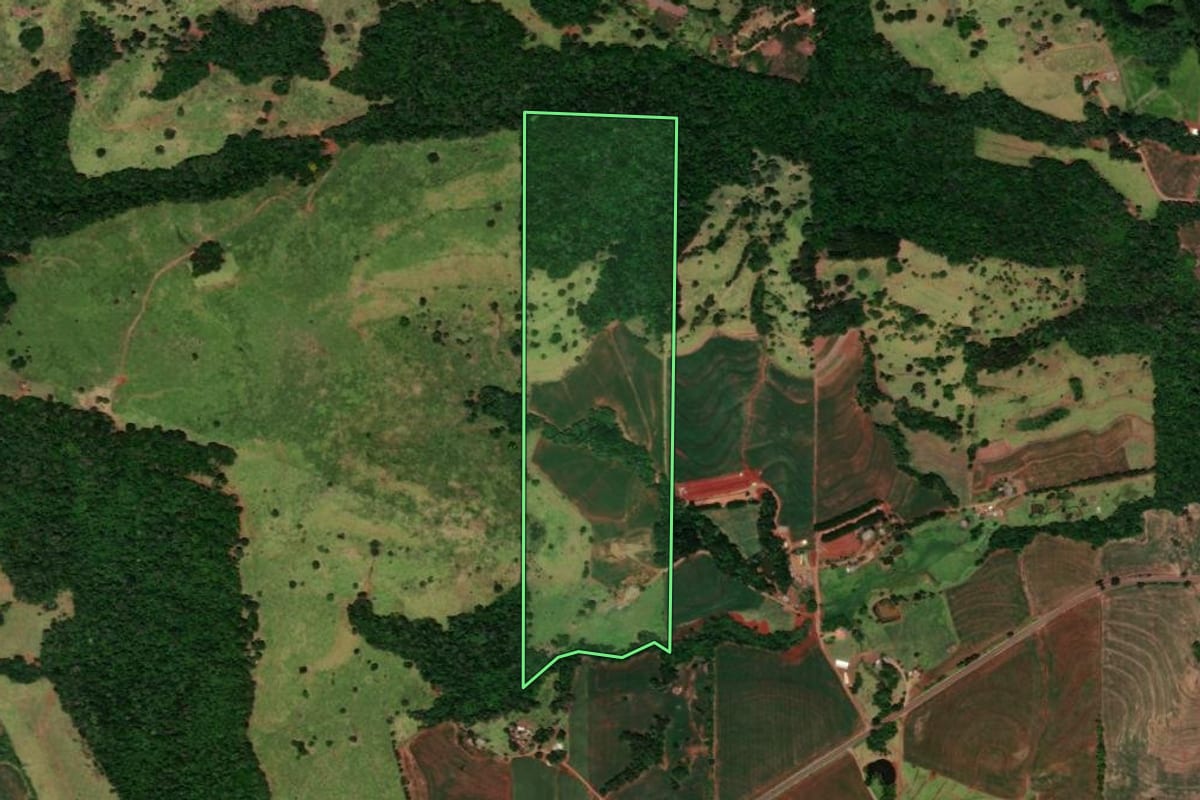 Imagem de satélite do imóvel rural em Três Barras do Paraná (PR), com o contorno declarado no CAR desenhado por cima.