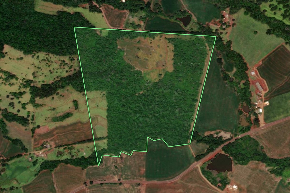 Imagem de satélite do imóvel rural em Três Barras do Paraná (PR), com o contorno declarado no CAR desenhado por cima.