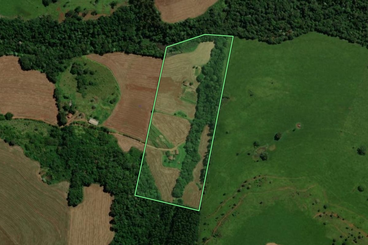 Imagem de satélite do imóvel rural em Três Barras do Paraná (PR), com o contorno declarado no CAR desenhado por cima.