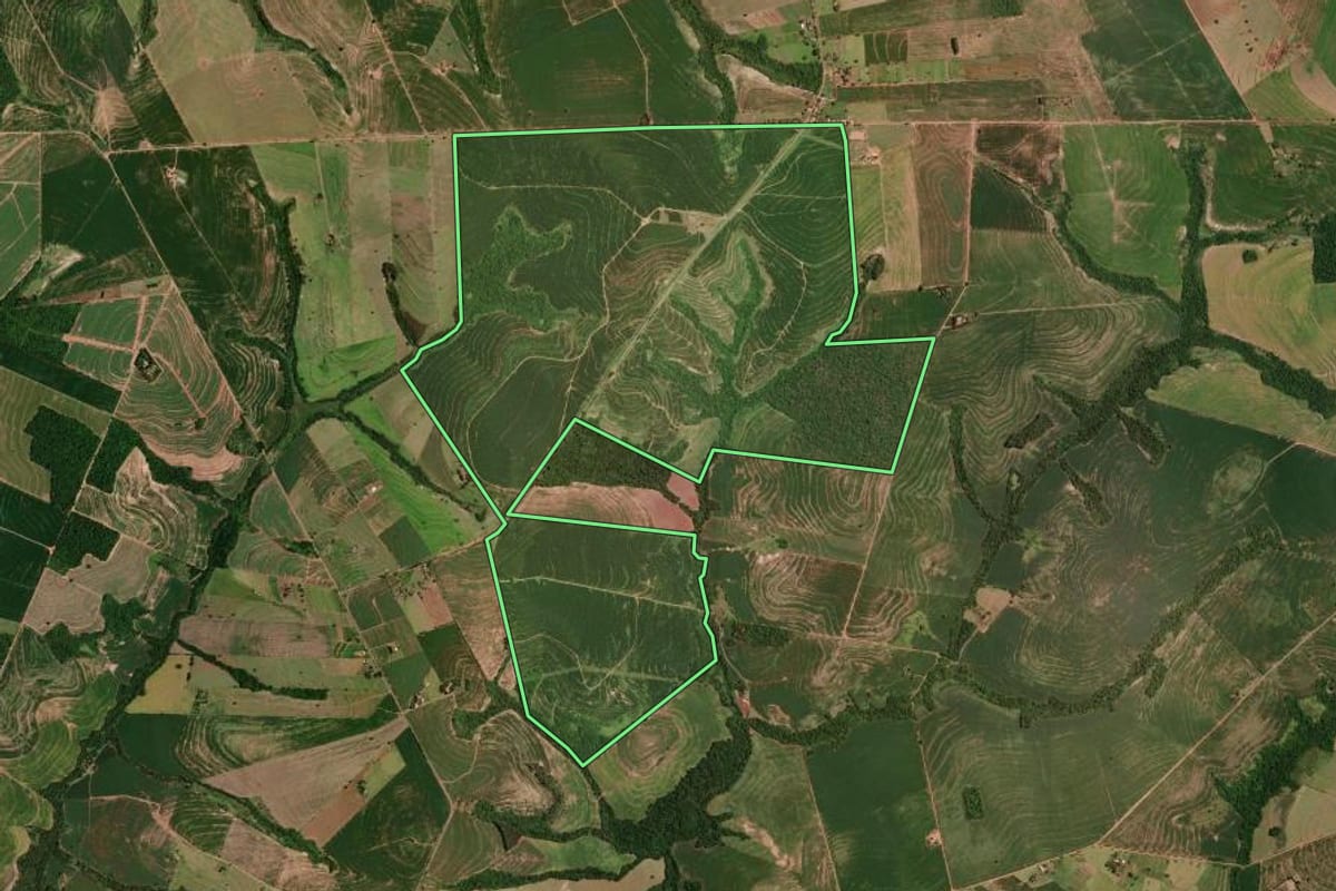 Imagem de satélite do imóvel rural em Tuneiras do Oeste (PR), com o contorno declarado no CAR desenhado por cima.