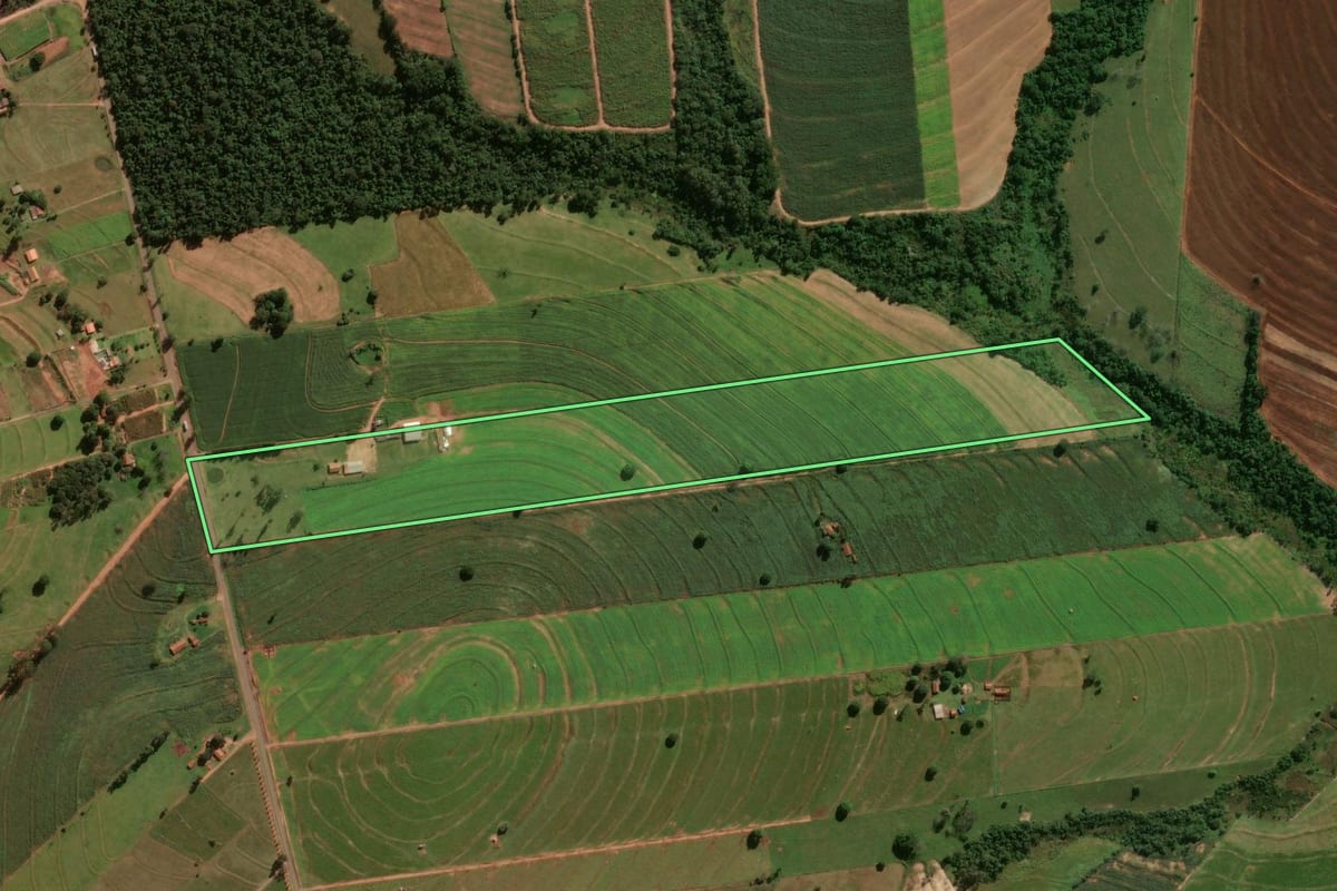 Imagem de satélite do imóvel rural em Tuneiras do Oeste (PR), com o contorno declarado no CAR desenhado por cima.