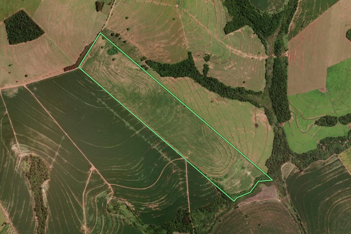 Imagem de satélite do imóvel rural em Tuneiras do Oeste (PR), com o contorno declarado no CAR desenhado por cima.