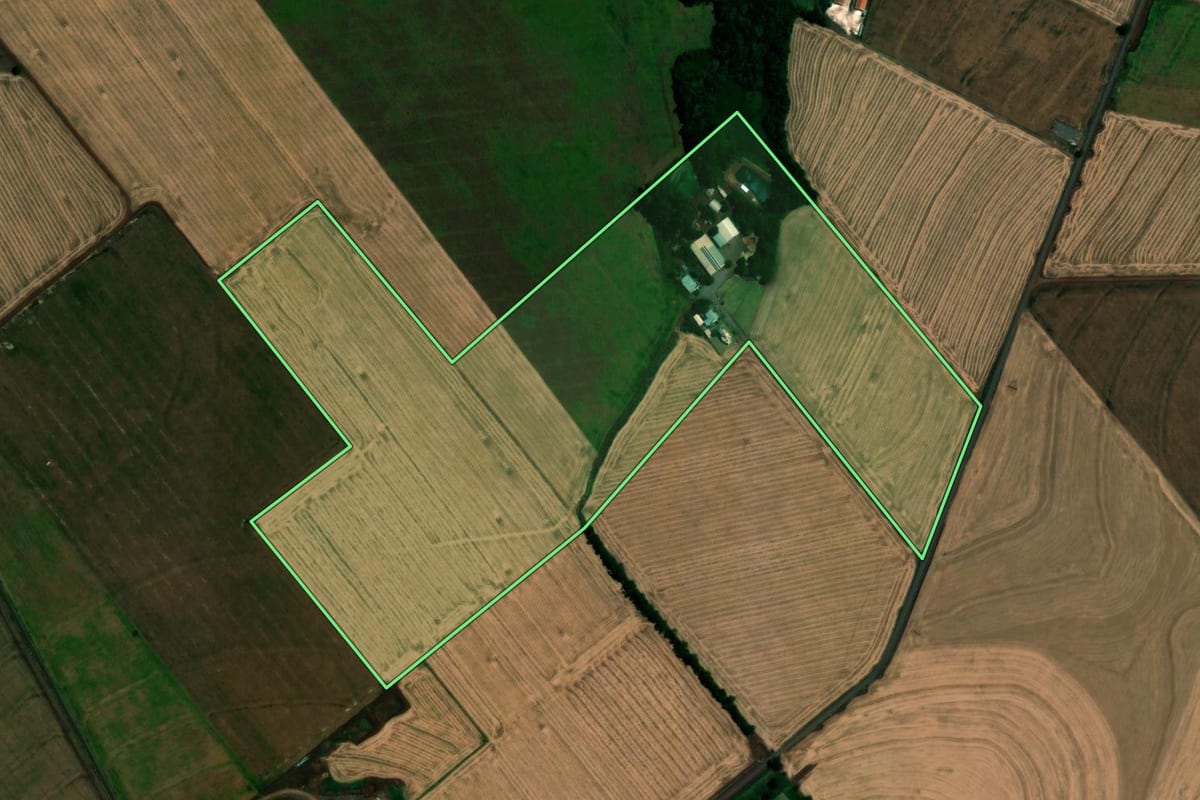 Imagem de satélite do imóvel rural em Tupãssi (PR), com o contorno declarado no CAR desenhado por cima.