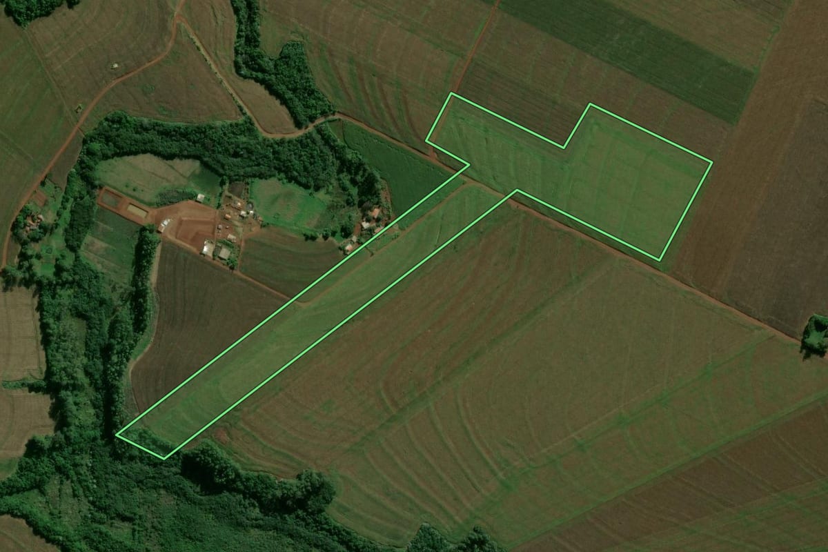 Imagem de satélite do imóvel rural em Tupãssi (PR), com o contorno declarado no CAR desenhado por cima.