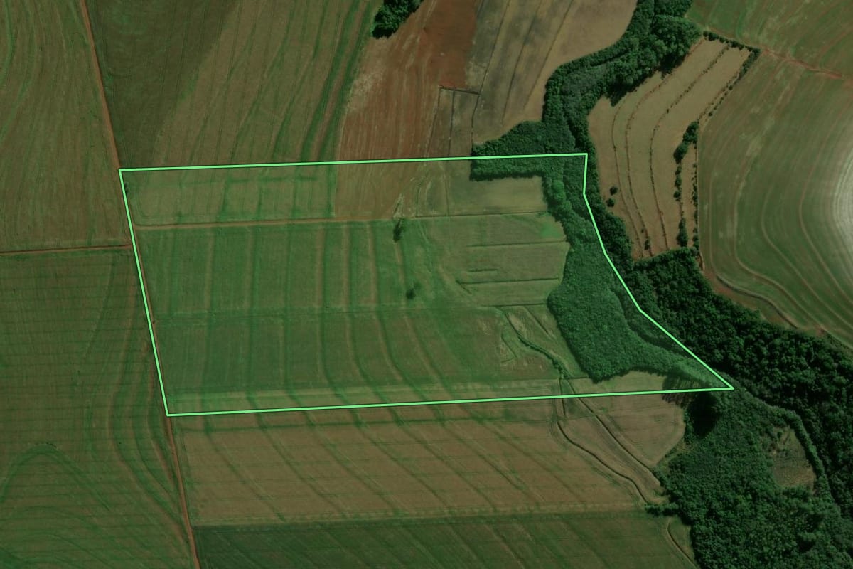 Imagem de satélite do imóvel rural em Tupãssi (PR), com o contorno declarado no CAR desenhado por cima.