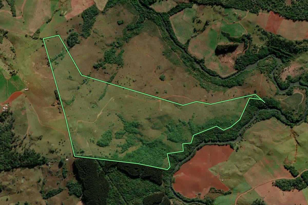 Imagem de satélite do imóvel rural em Turvo (PR), com o contorno declarado no CAR desenhado por cima.