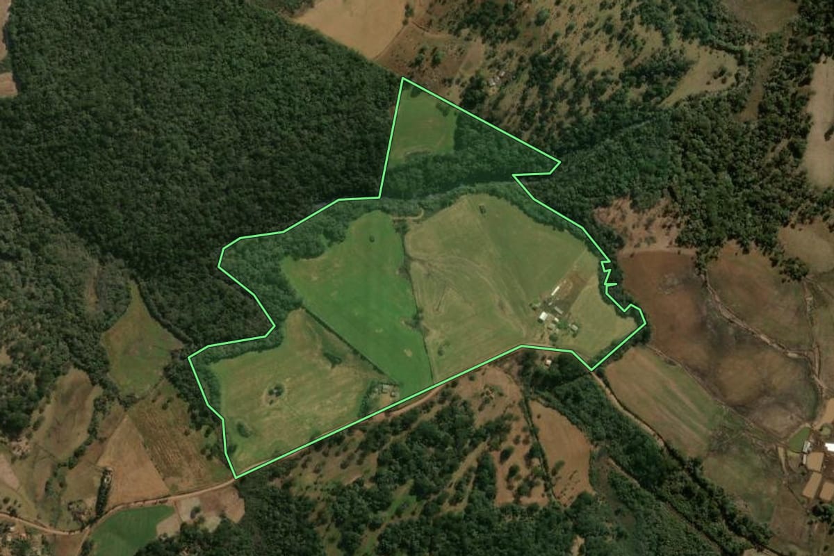 Imagem de satélite do imóvel rural em Turvo (PR), com o contorno declarado no CAR desenhado por cima.