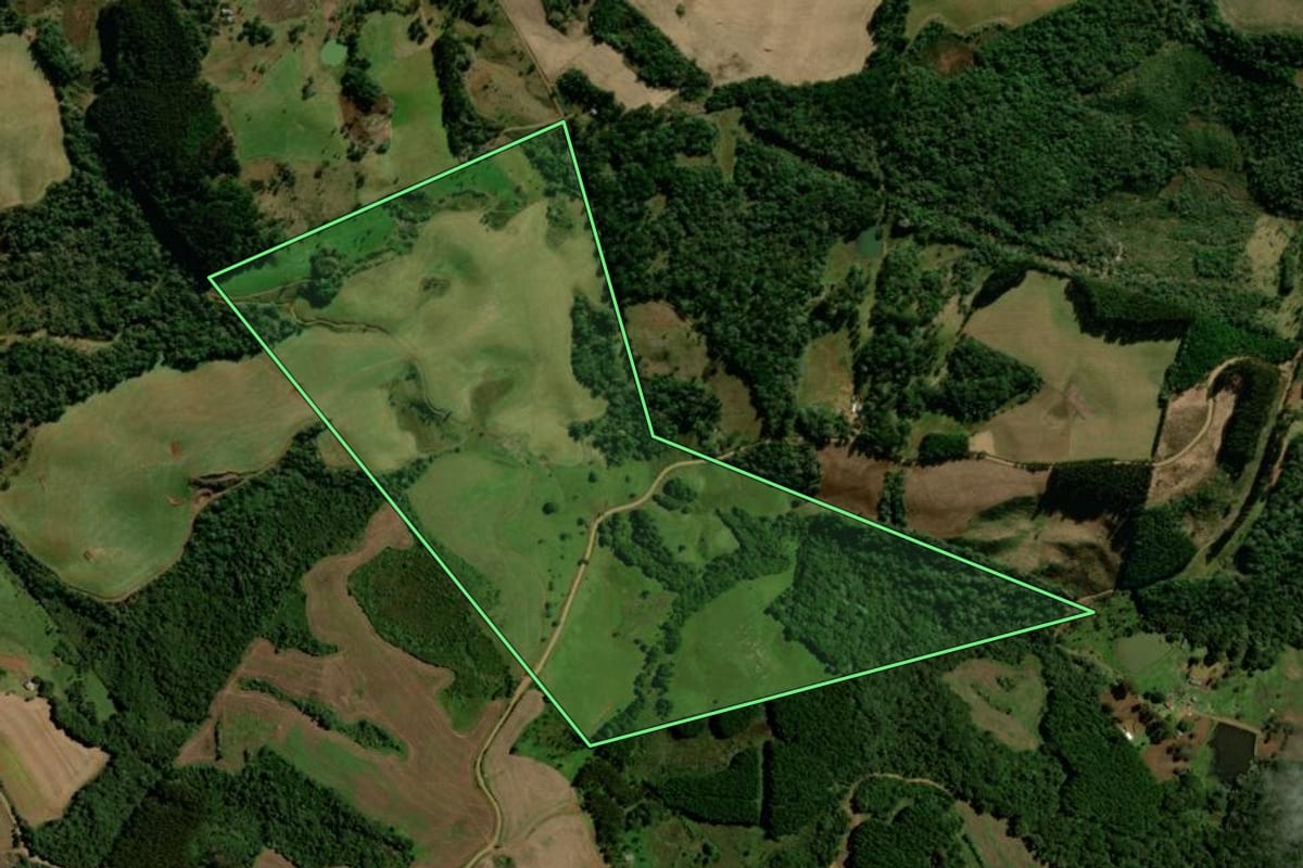 Imagem de satélite do imóvel rural em Turvo (PR), com o contorno declarado no CAR desenhado por cima.