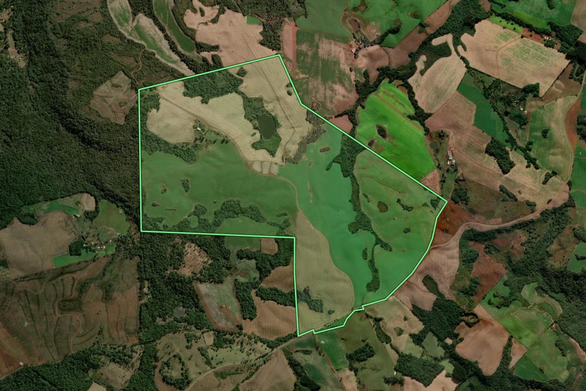 Imagem de satélite do imóvel rural em Turvo (PR), com o contorno declarado no CAR desenhado por cima.