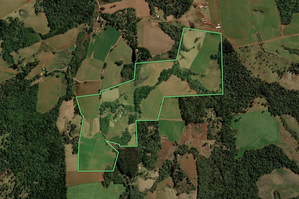 Imagem de satélite do imóvel rural em Turvo (PR), com o contorno declarado no CAR desenhado por cima.