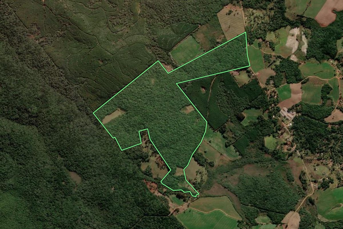 Imagem de satélite do imóvel rural em Turvo (PR), com o contorno declarado no CAR desenhado por cima.