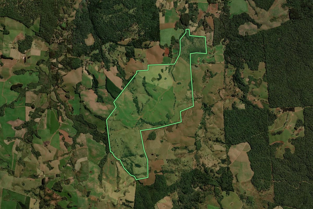 Imagem de satélite do imóvel rural em Turvo (PR), com o contorno declarado no CAR desenhado por cima.