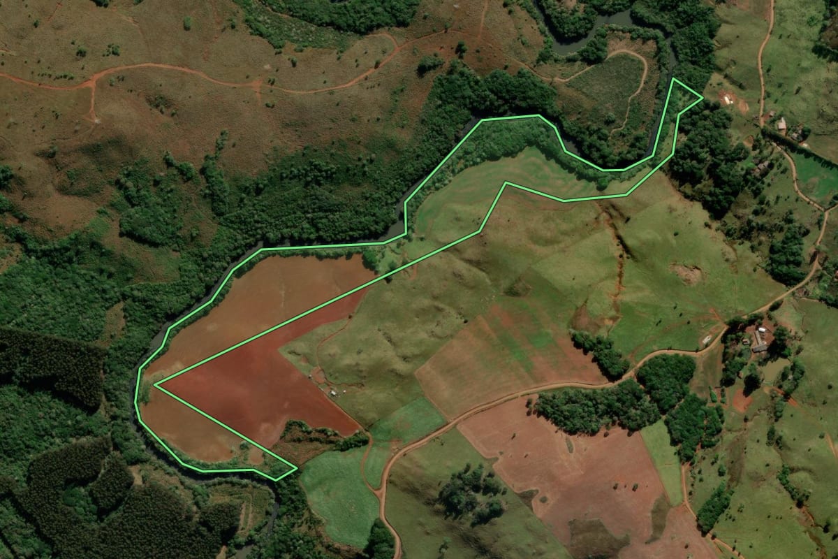 Imagem de satélite do imóvel rural em Turvo (PR), com o contorno declarado no CAR desenhado por cima.